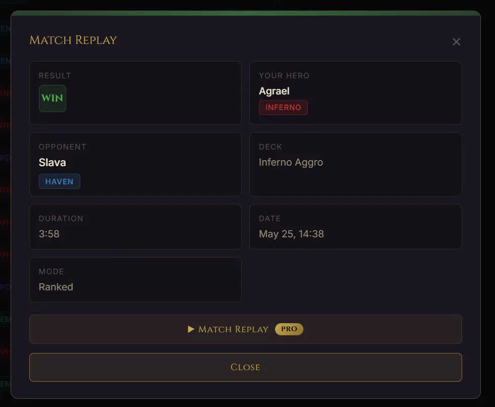FatesForge Match History - Complete match history with filters for Might & Magic The Card Game